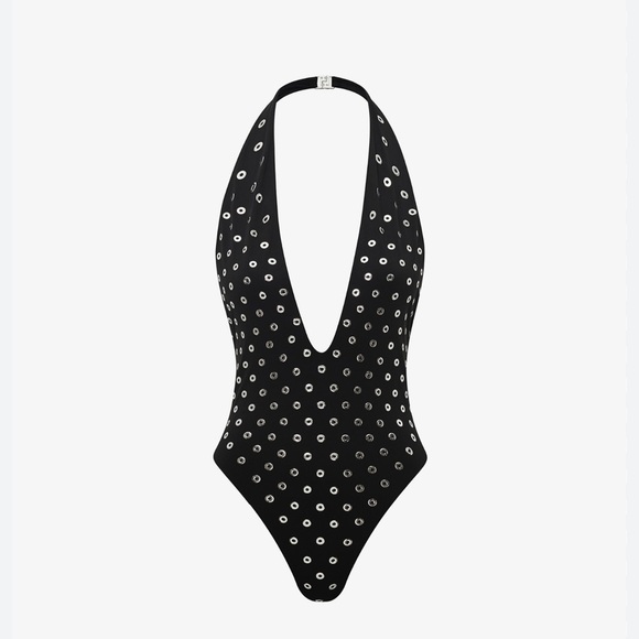 Alaia Other - Alaia NWOT Black and Silver Eyelet Deep V One Piece Swimsuit Size 34